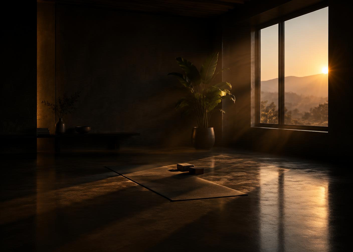 Light-filled yoga studio at dawn